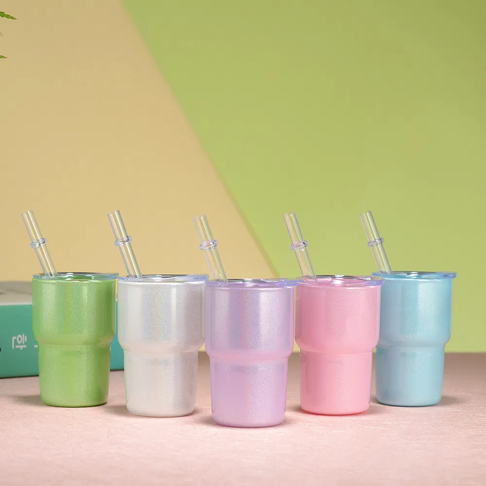 2oz 3oz Sublimation Glitter Shimmer White Shot Glass Cup Small Cute Mini Frosted Clear Glass Tumbler with Straw and Lids