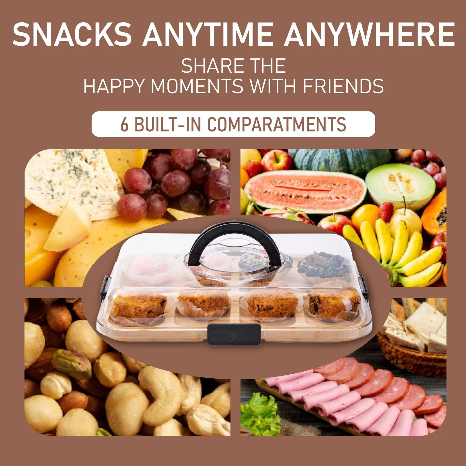 Commercial Wood Serving Board with Clear Lid - Multi-Compartment Tray for Charcuterie, Cheese & Appetizers