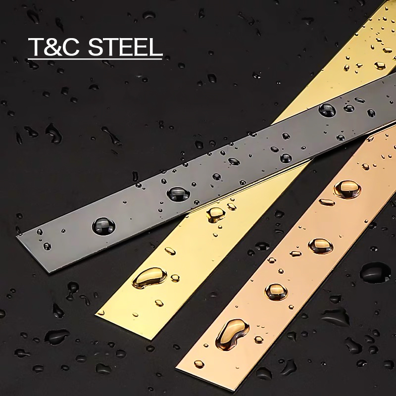 T&C Profiles14 Factory India Price Golden Mirror Stainless Steel Strip Flat Self-Adhesive Tile Trim for Furniture Wall Floor Transition Strip