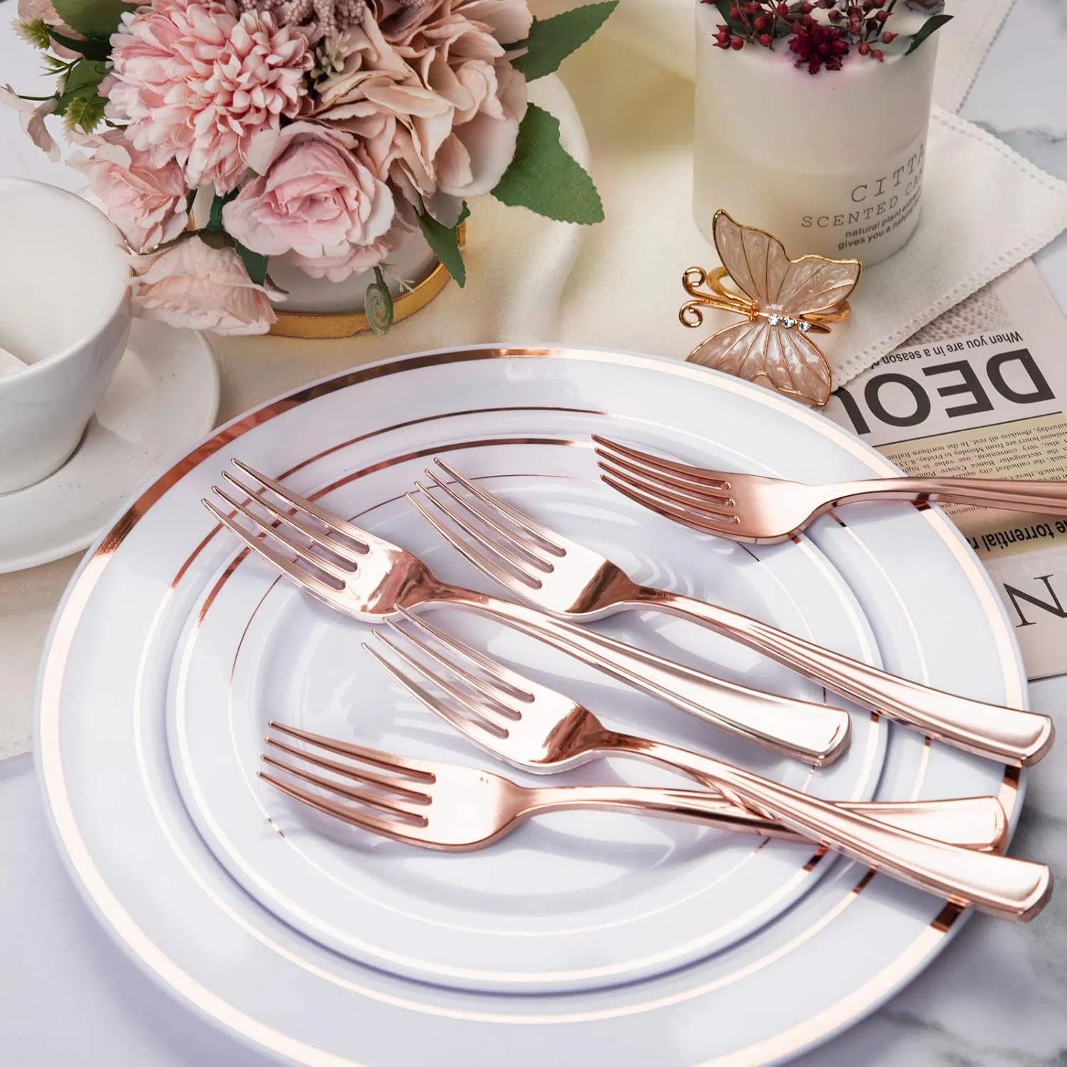Rose Gold Disposable Forks 7.4 Inch Heavy Duty Plastic Rose Gold Silverware for Catering, Parties, Dinners, Weddings & Mother's Day