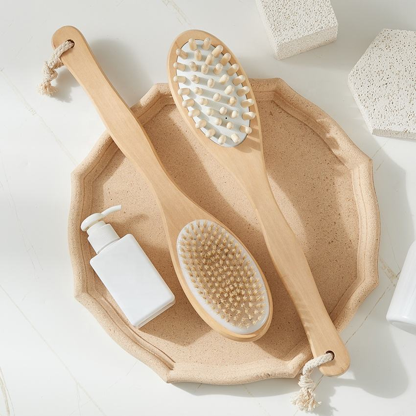 Double-Sided Exfoliating Massage Brush, Natural Bristles Long Handle Dry Body Brush