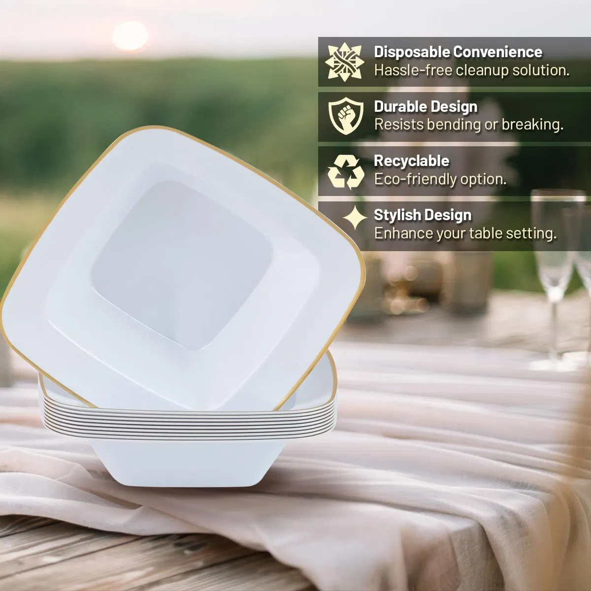 Elegant White Plastic Bowls with Gold Trim for Parties