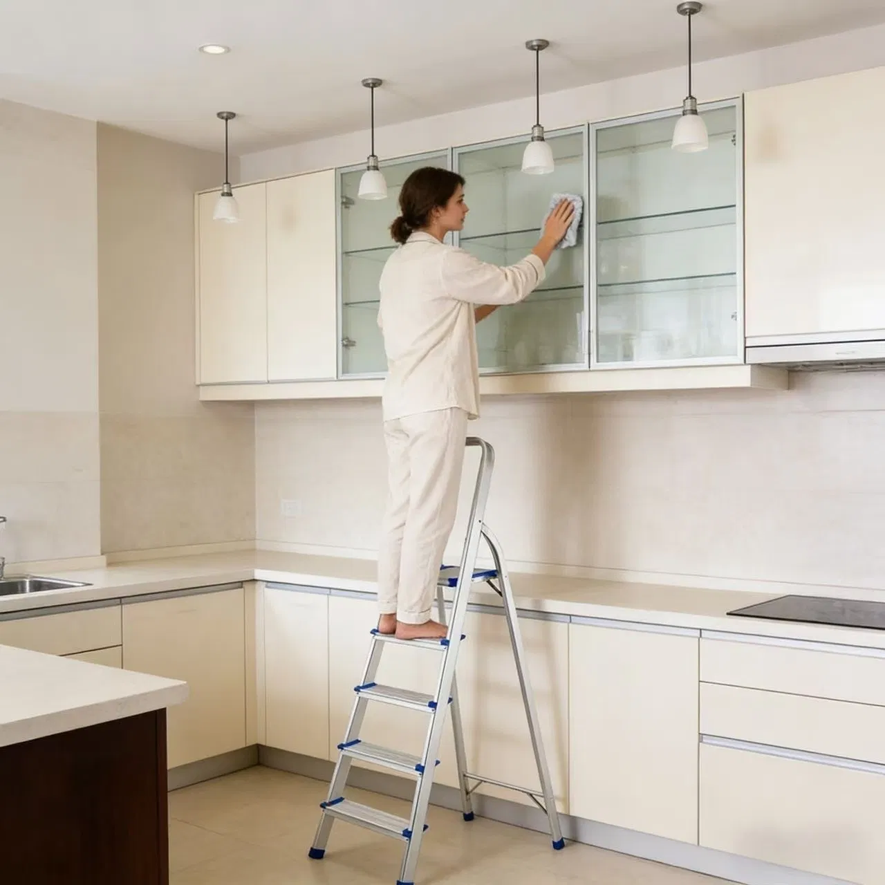 Household Aluminum Folding Ladder Ladder (with anti-slip, foot pads, and handrails)