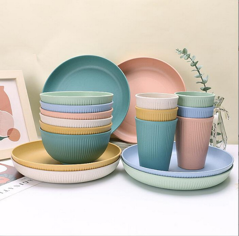 Wheat Straw Bowl Cup Plate Household Meal Vertical Grain Dinner Plate