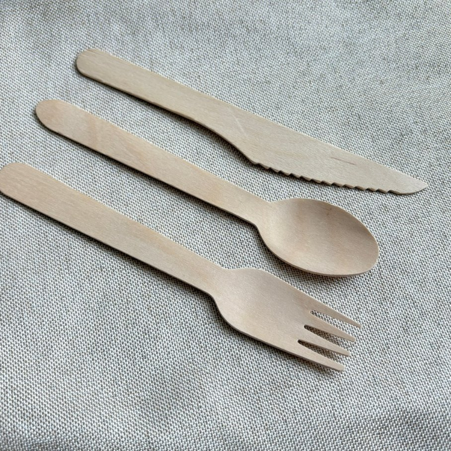 Disposable Biodegradable Flatware Including Spoon Fork Knife Made From Birch Wood