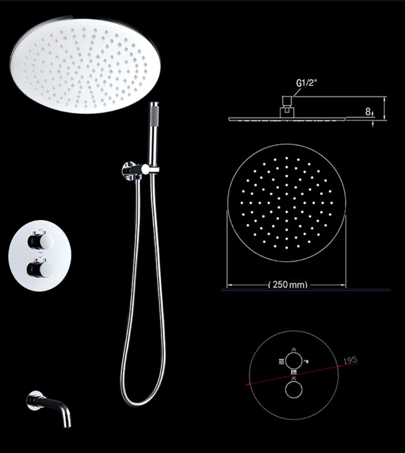 10" Round Big Rainfall Thermostatic Faucet Brass Conceal LED Shower Set