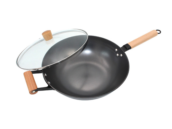 Nitrided Light Weight Cast Iron Wok with Glass Lid