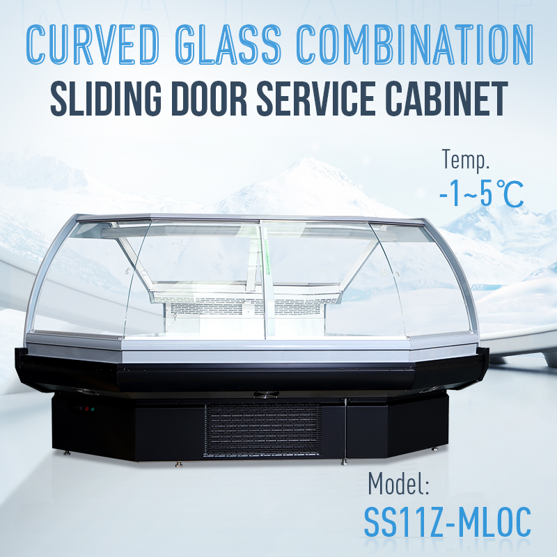 Commercial Supermarket Refrigeration Equipment Meat/Fruit Direct Cooling Cooler Curved Glass Combination Sliding Door Service Fridge Showcase Refrigerator