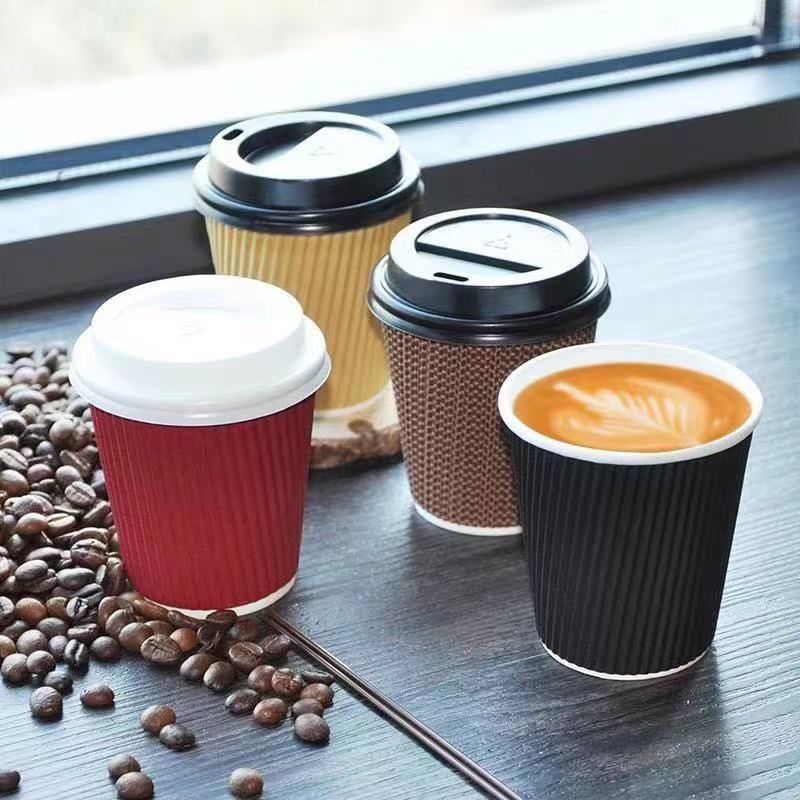 Biodegradable Disposable Coffee Ripple Wall Paper Cup Disposable Paper Coffee Cups with Lids and Sleeve