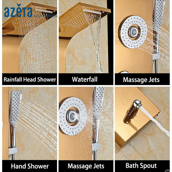 6 Functions LED Thermostatic Temperature Screen Massage Jets Bathroom Shower Panel System with Handheld Rainfall Waterfall Shower