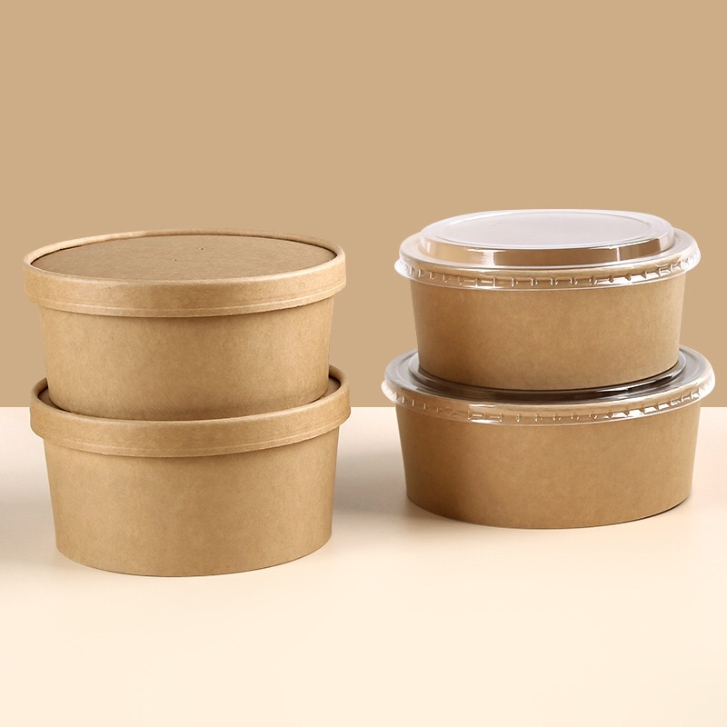 Biodegradable Hot Sale Disposable Kraft Paper Packaging Box Round Paper Bowl Thickened Takeaway Fast Food Box Fruit Salad Bowl Picnic Bowl with Transparent Lid