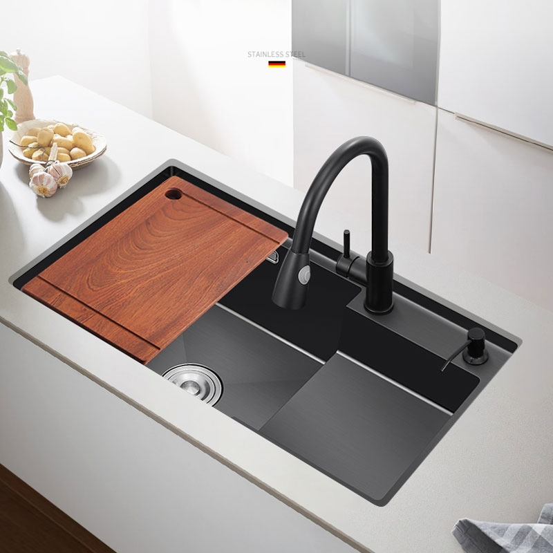 Latest Black Double Bowl Kitchen Sink Stainless Steel Luxury Nano Stepped Deep Under Mount Sink