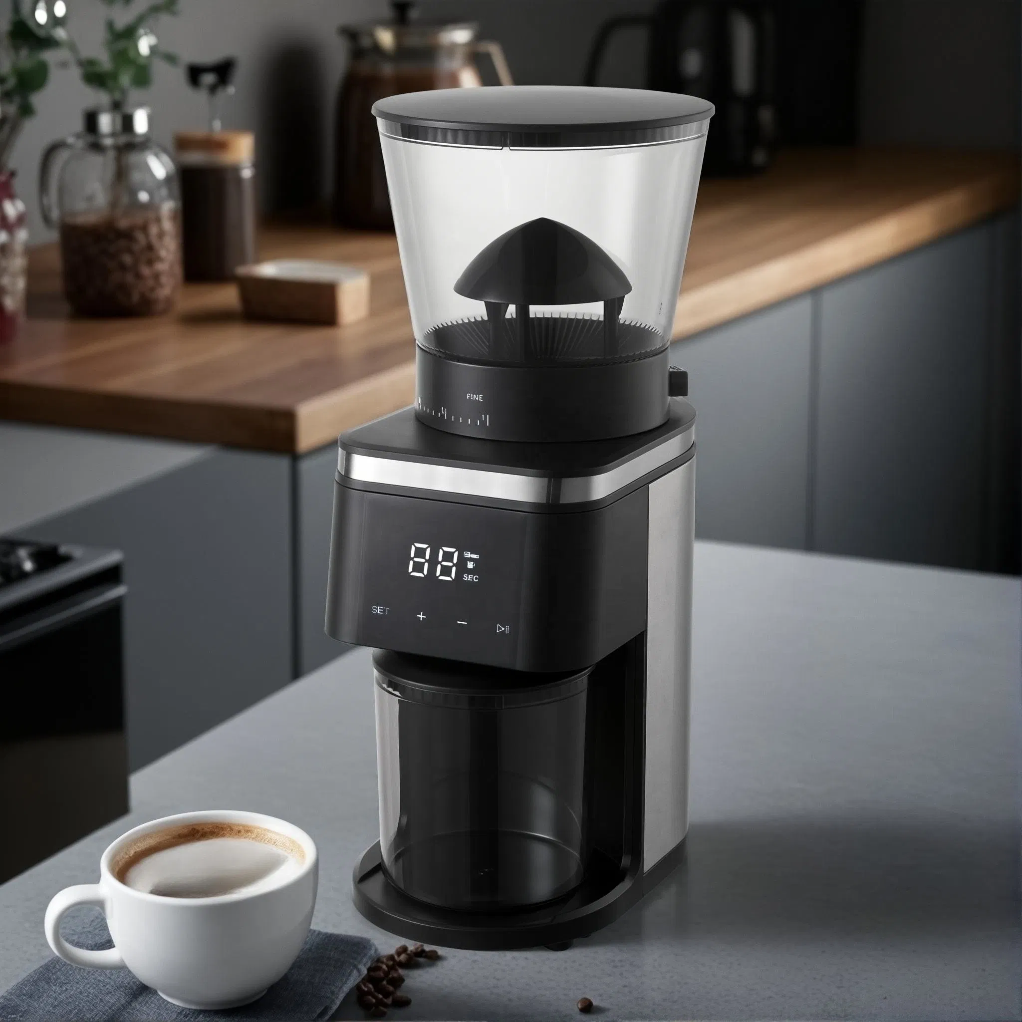 Electric Conical Burr Coffee Grinder - 160W, 30 Grinding Settings, Detachable Parts, Portafilter Cradle