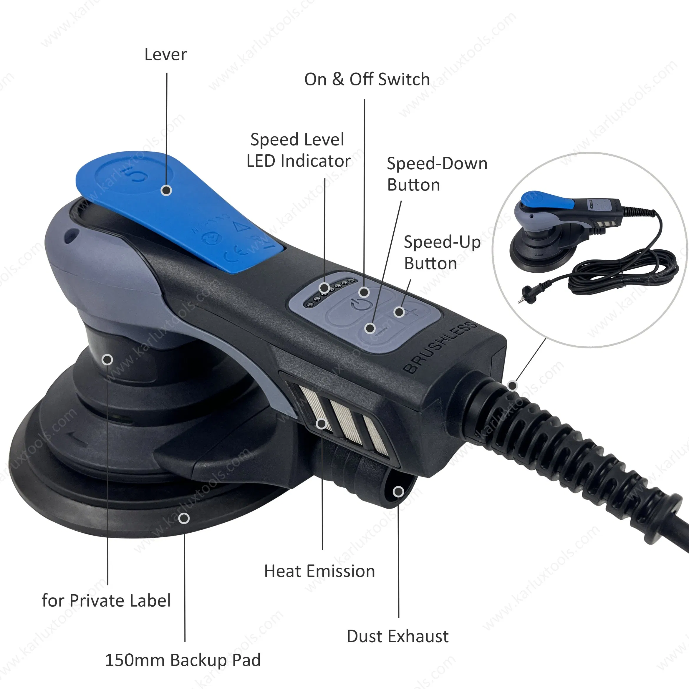 6inch 150mm 4, 000-10, 000rpm Variable Speed Central Vacuum Sander Factory Sanding Power Tools Electric Random Orbital Sander