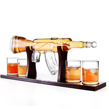 Customize Gift Manufacturer Glass Wine Liquor Whiskey Ak 47 Decanter Set with Wooden Stand Wine Glasses