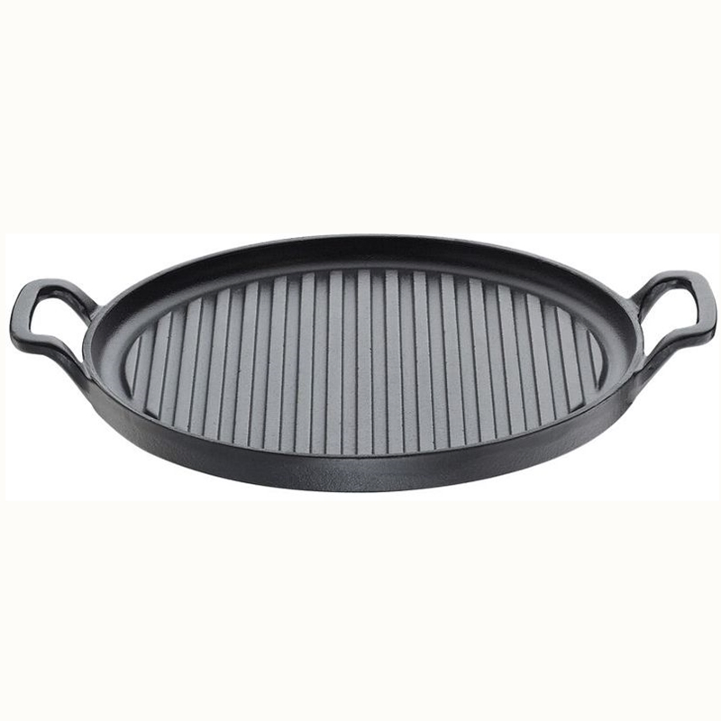 Round Cast Iron Grill Pan Sizzling Pan - 2 Handles (Black)