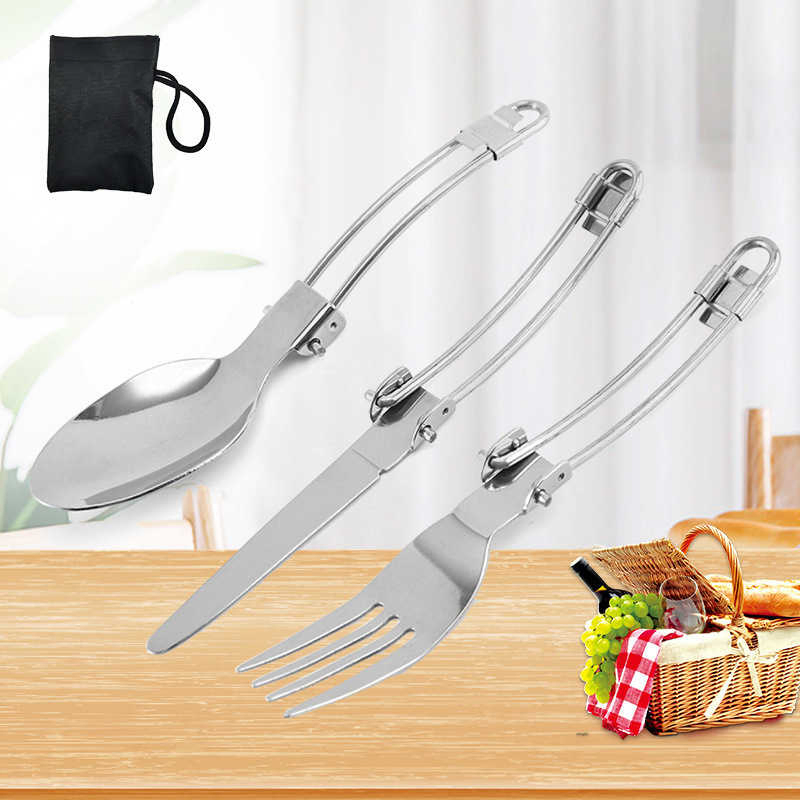 Folding Steel Wire Three Piece Set Camping Outdoor Stainless Steel Cutlery