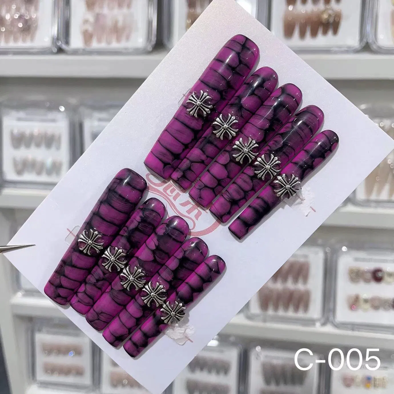 Long Almond Luxury Designer Brand False Gel Acrylic False Nails Handmade Cute Press on Artificial Nails Purple Diamond Heavy Industry Long Premium Acrylic Nails