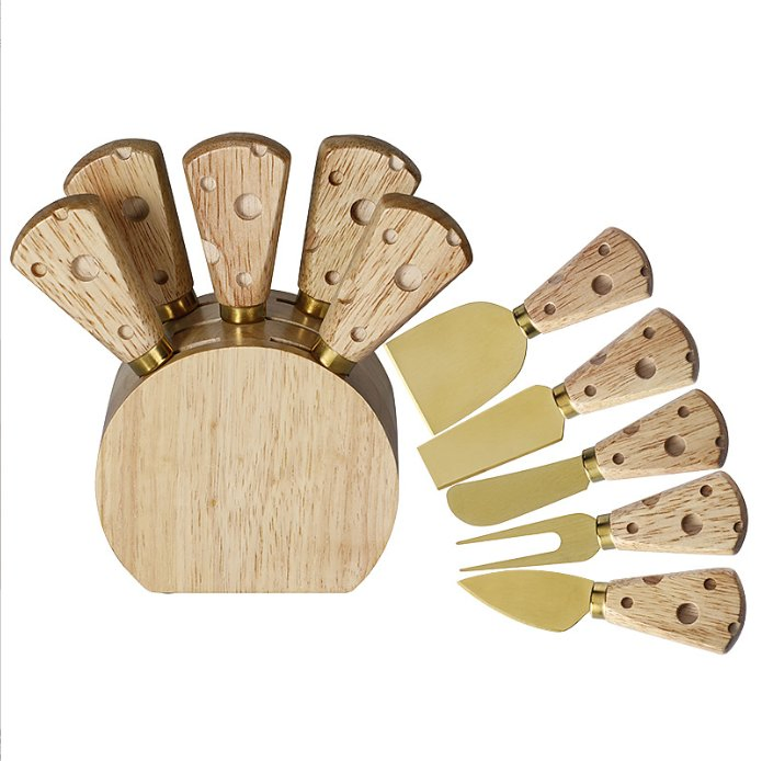 Rubber Wood Handle Cheese Knife Set, Stainless Steel Cheese Knife and Fork 6-Piece Set with Wood Seat