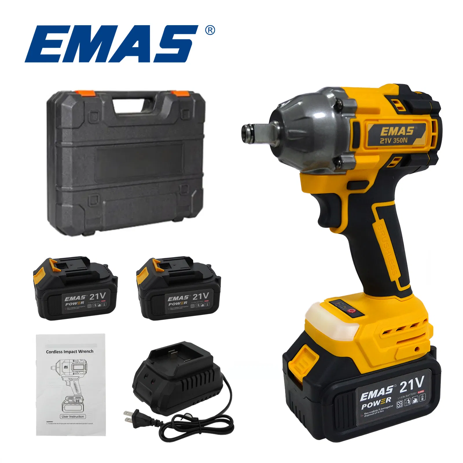 Emas 21V 350nm Lithium Battery Impact Wrench Em-W011, Cordless Electric Impact Wrench with Brushless Motor (2 PCS Battery and 1 PC Charger)