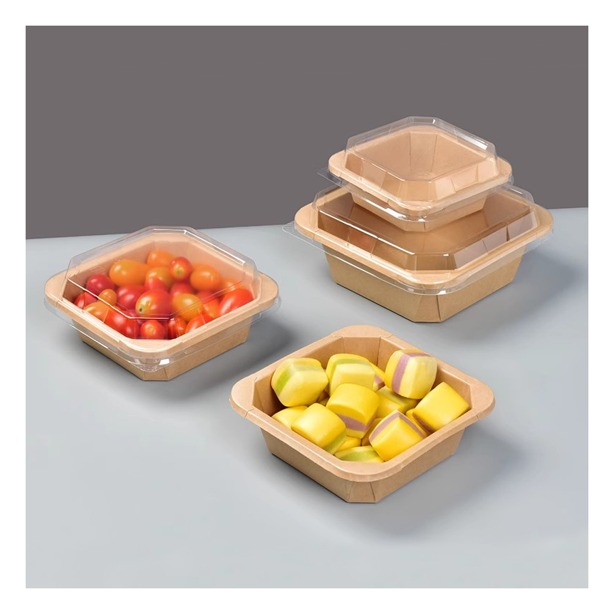 Custom Printing Disposable Food Packing Box Compostable Square Octagon Kraft Paper Wedding Fruit Salad Bar Display Bowl with Transparent Lid