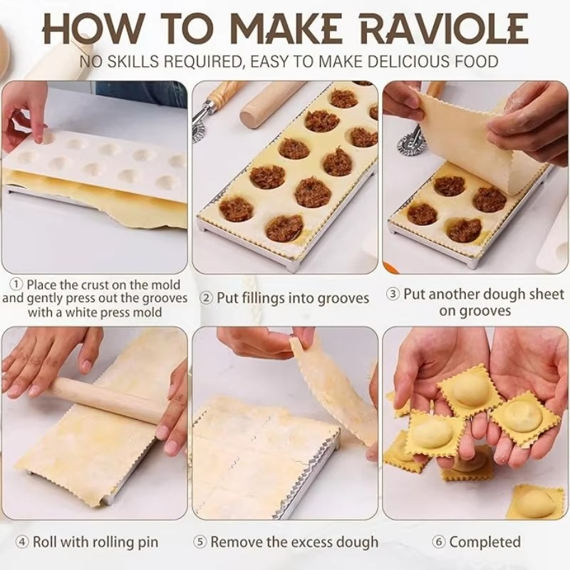 8-Piece Aluminum Alloy and Wood Dumpling Mould Set with 12-Hole Design Italian Pasta Tool