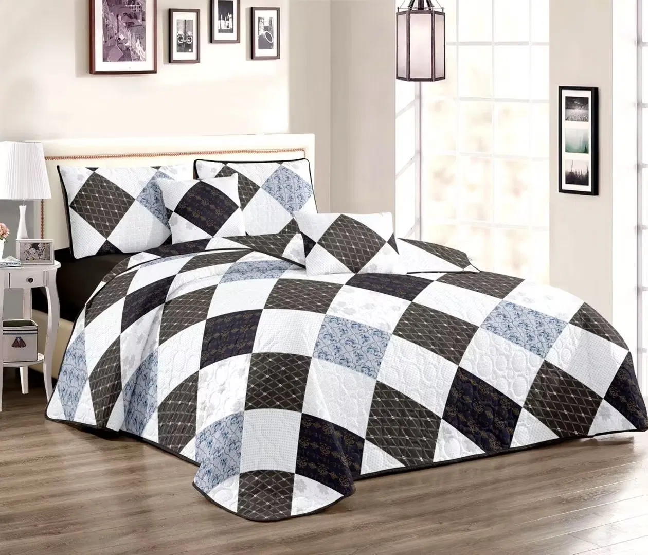 Black Printed Floral Design Bed Cover Set Quilting Pin Sonic Quilt Set