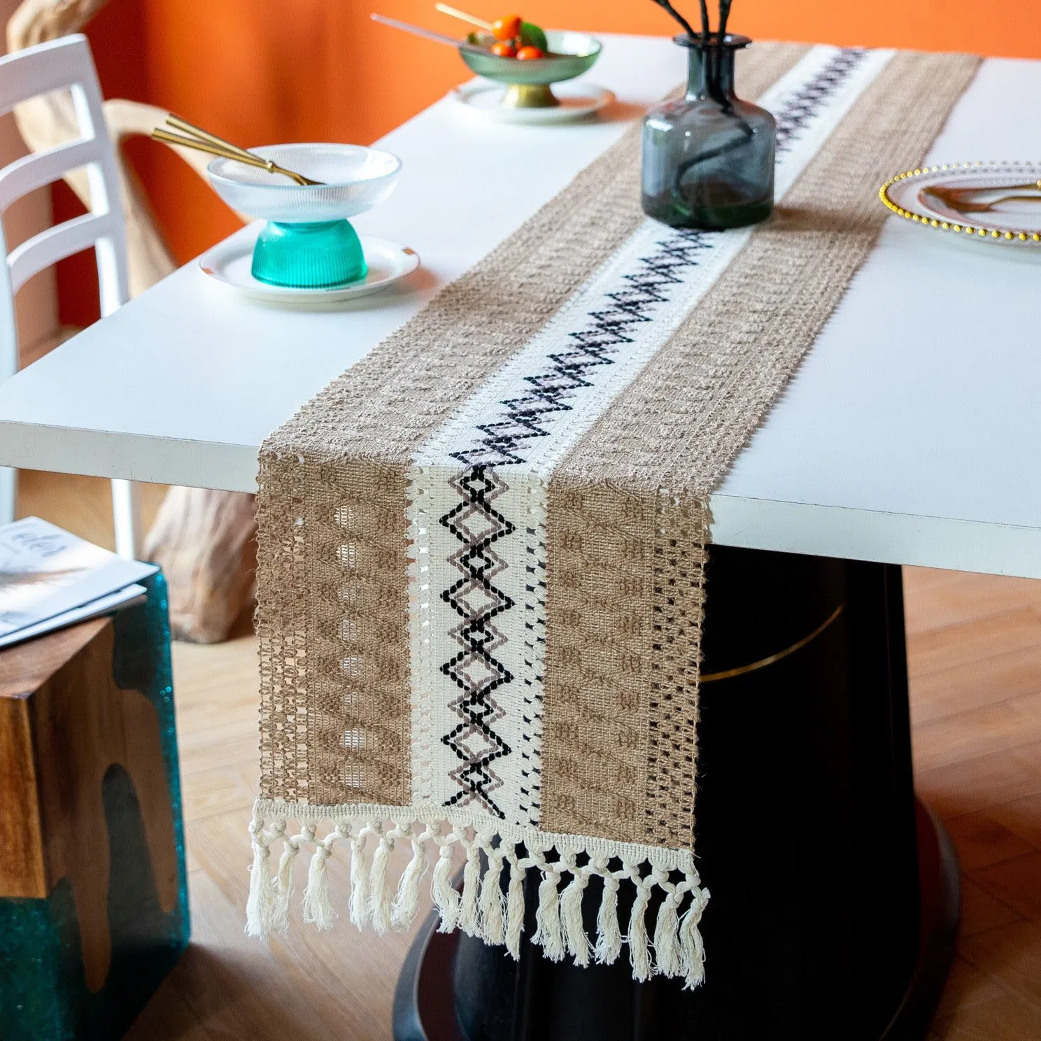 Xinlan Macrame Knotted Table Runner Cotton Linen Bohemian Decor with Fringe Tassels for Dining Tea Party Ethnic Chic