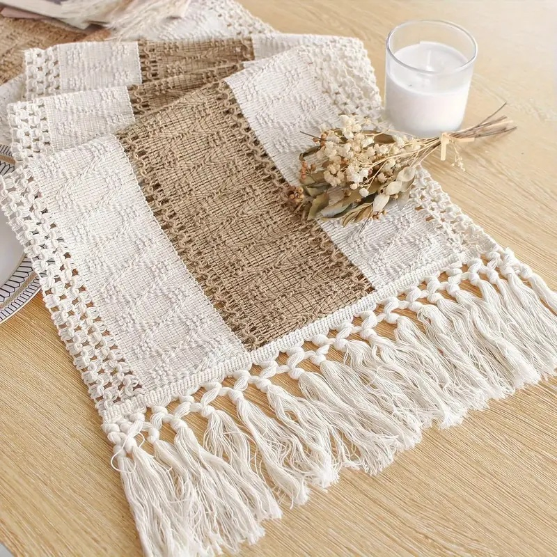Xinlan Bohemian Ethnic Table Runner Cotton Linen Fringe Tassel Decorative Dining Table Scarf with Macrame Knots