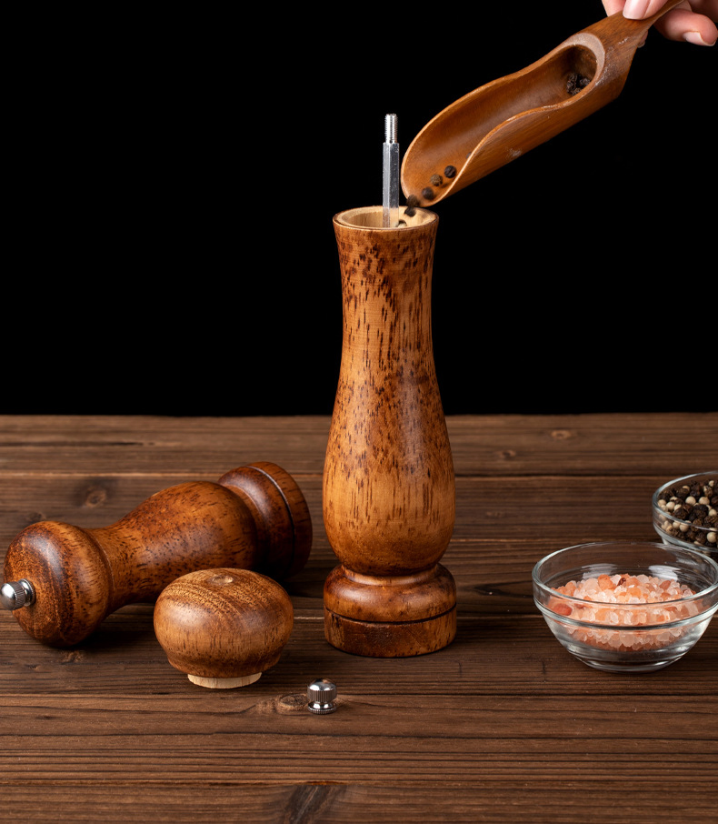 Wooden Salt and Pepper Grinder Set, Acacia Wood Salt and Pepper Grinders Refillable,Pepper Mill with Adjustable Coarseness,Salt and Pepper Grinders Shaker Table