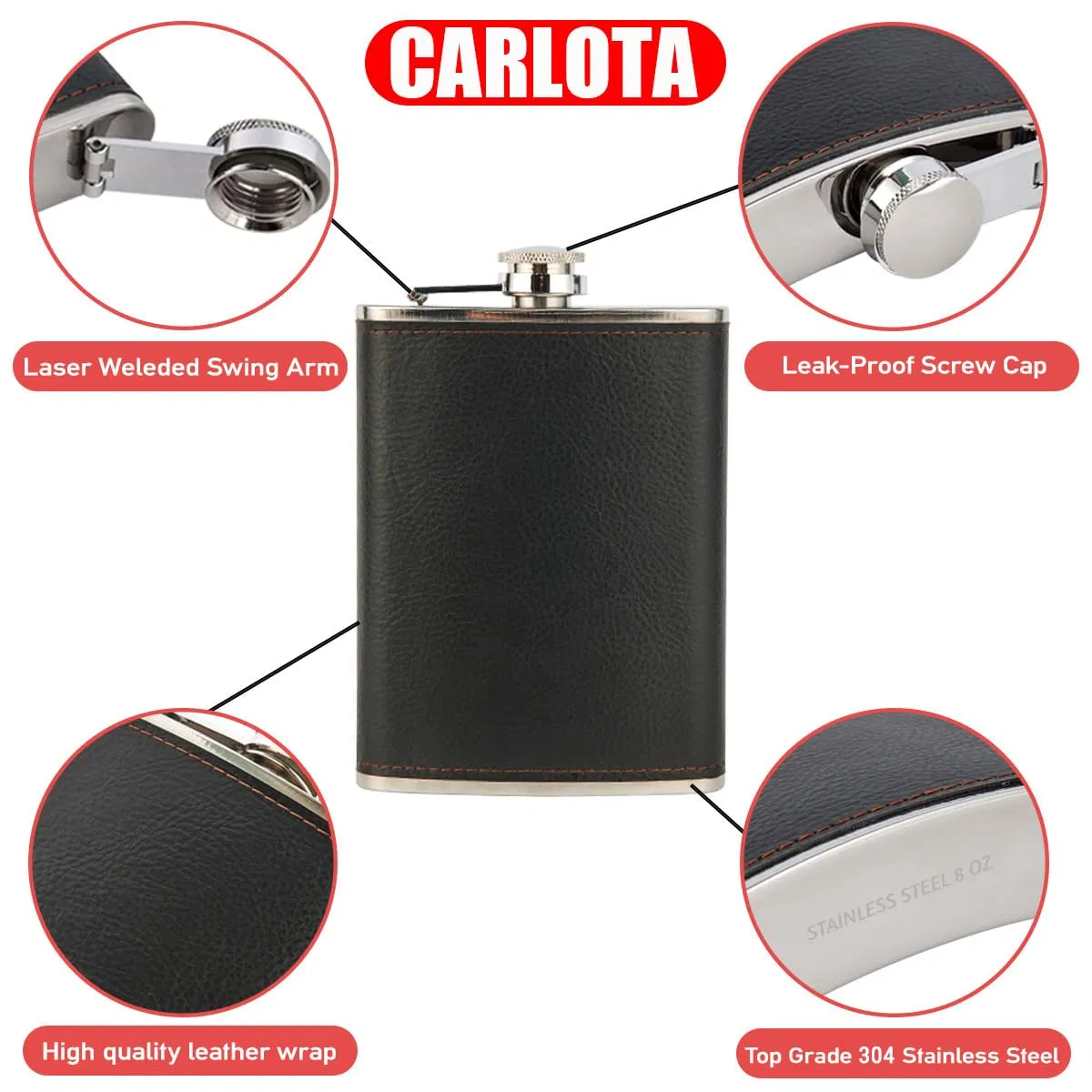 8oz Black Flagon and Funnel 304 Stainless Steel Leather Hip Flask Set