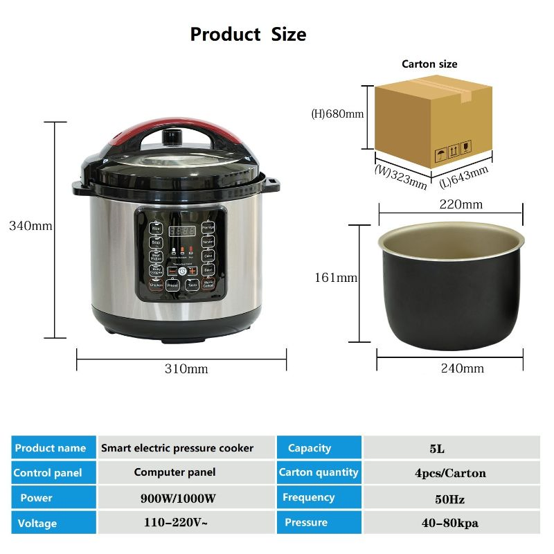 Electric Stainless Steel Multi-Functional 5L Capacity Household Pressure Cooker
