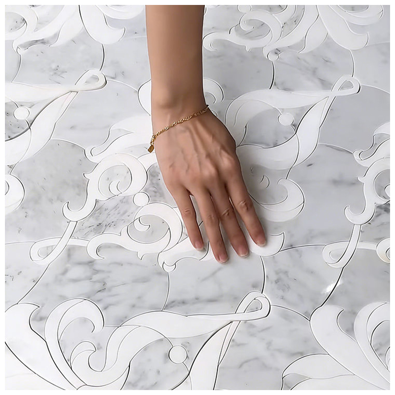 White Marble Baroque Scroll Medallion Mosaic Tiles