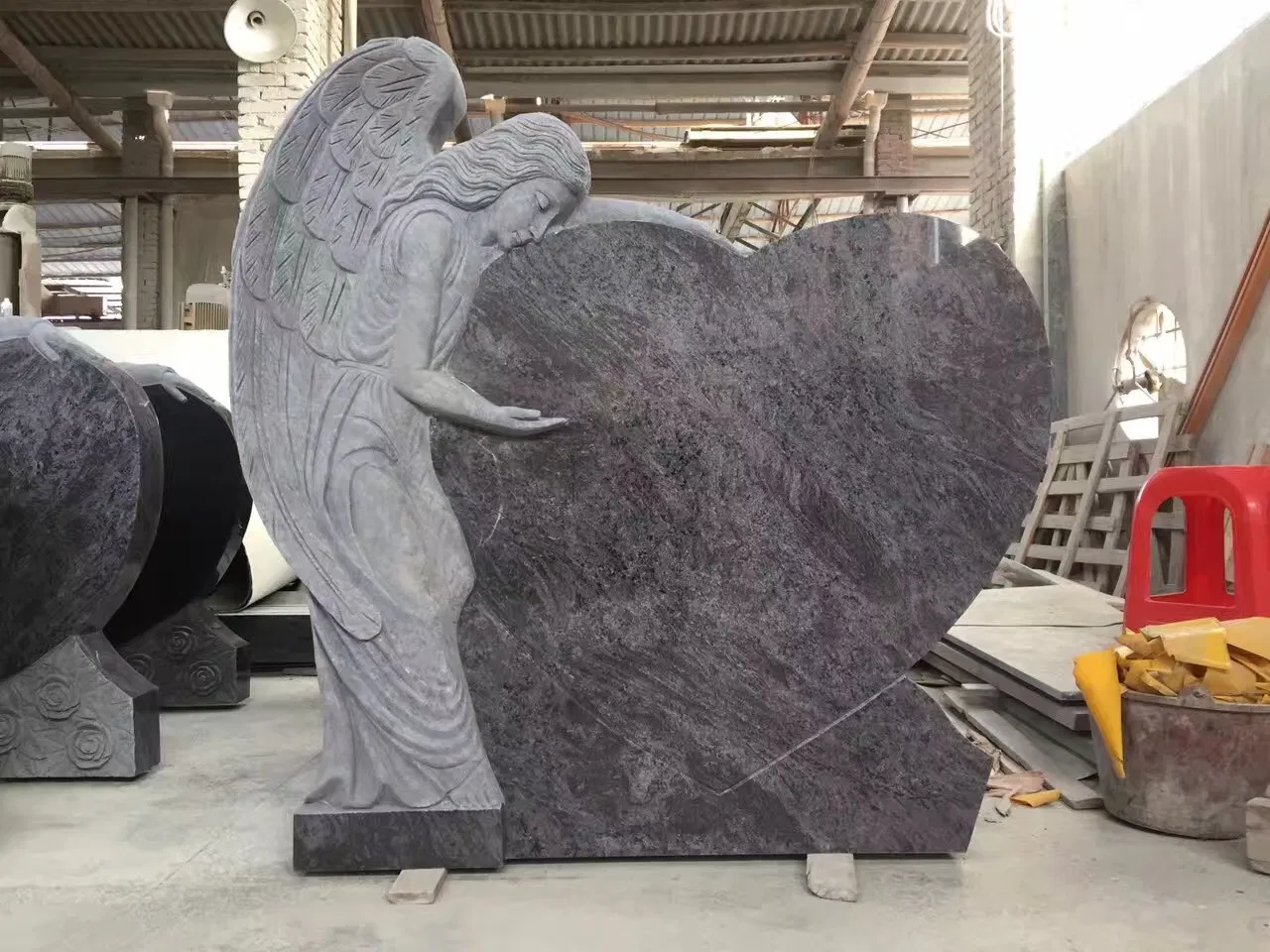 Customized Absolute Black Granite Angel Carving Tombstone Headstone Columnbarium, Beveled Shape Markers Hand Carving, Machine Carving Memorial Monument