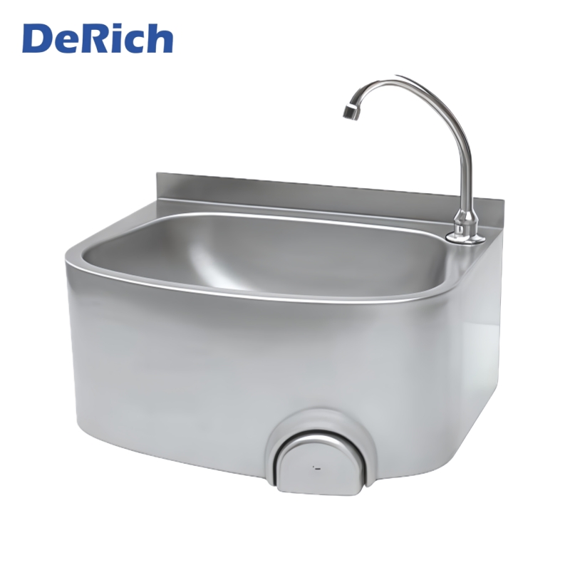 Derich Bestlidy Wall Hung Stainless Steel Knee Push Basin Hand Wash Sink Restaurant Hotel New Condition Pump Core Kitchen Hospital Use Kitchen Furniture