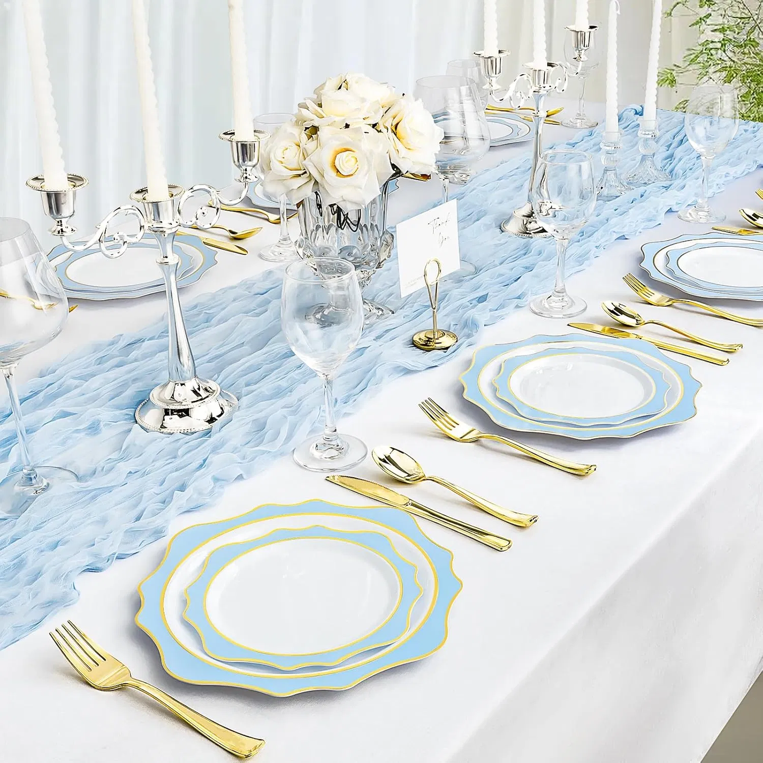 White and Blue Disposable Plates Scalloped Flowers Plastic Plates