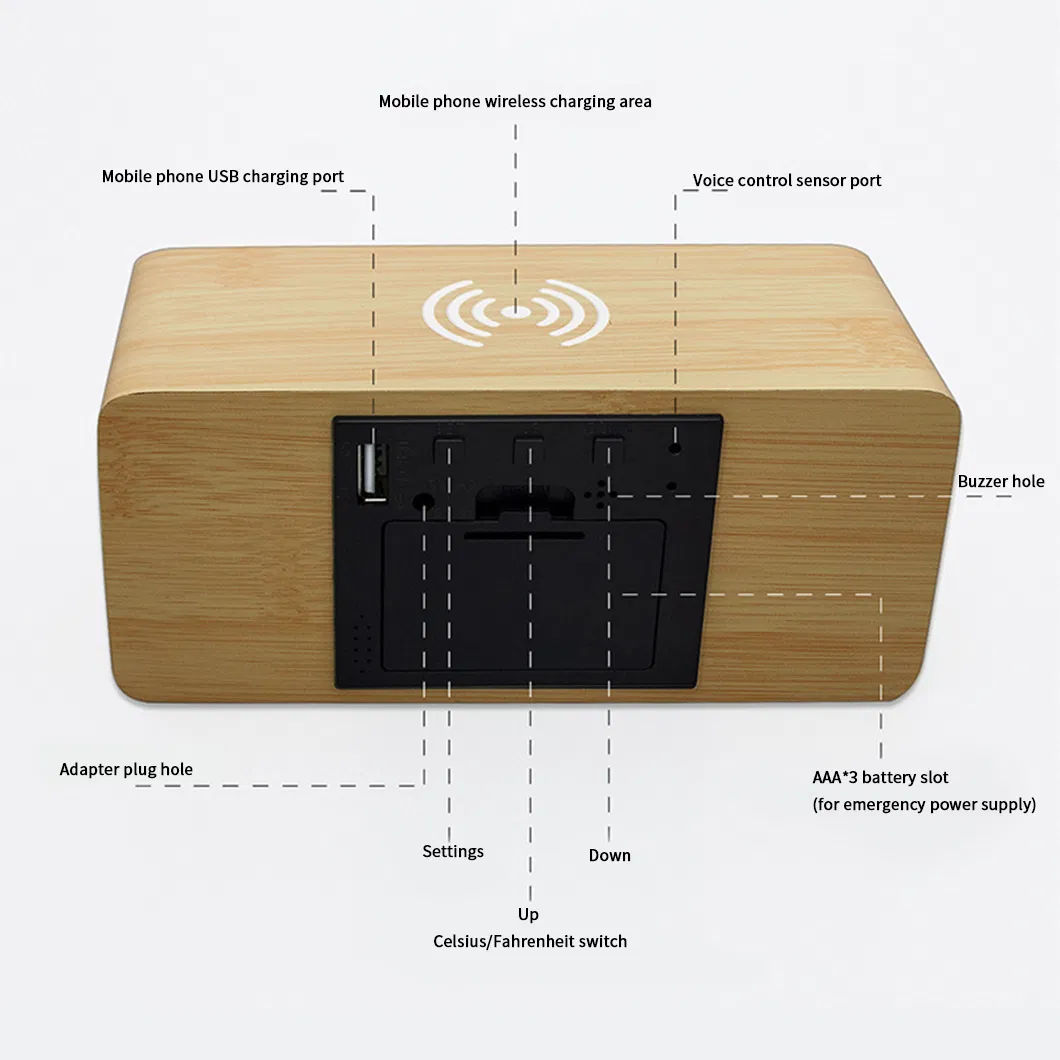 Wooden LED Alarm Clock Wireless Charger Charging LED USB Electronic Desk Digital Alarm Clock