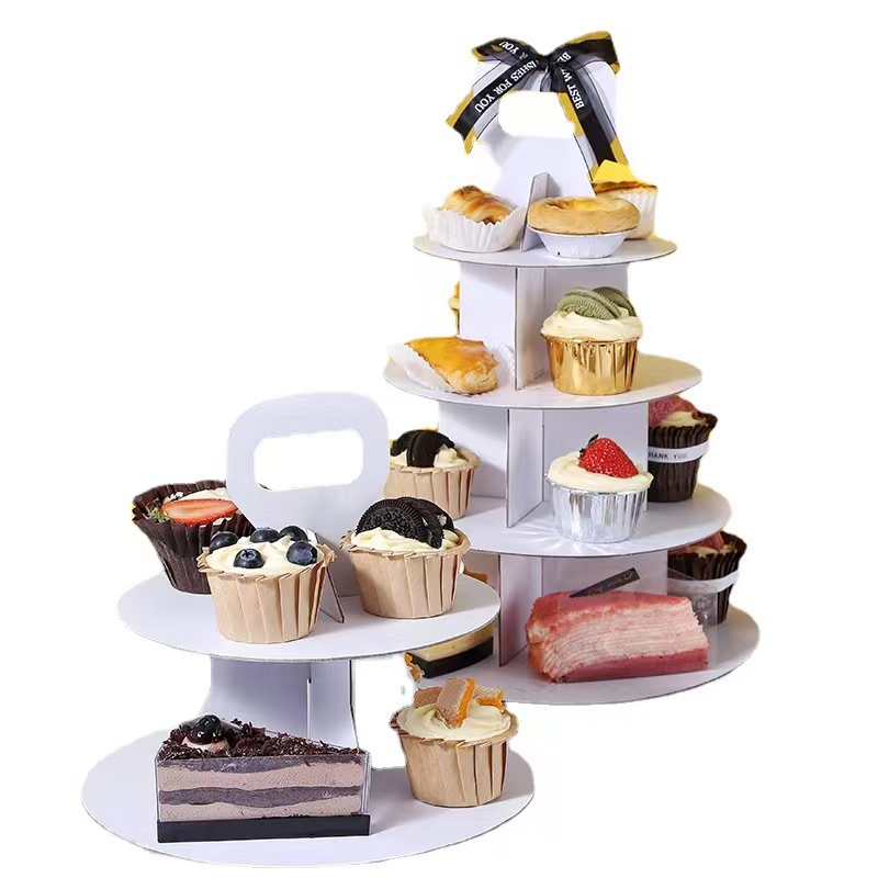 High Quality Round Paperboard 4 Layer Dessert Cake Cupcake Stand with Transparent and Paper Cover