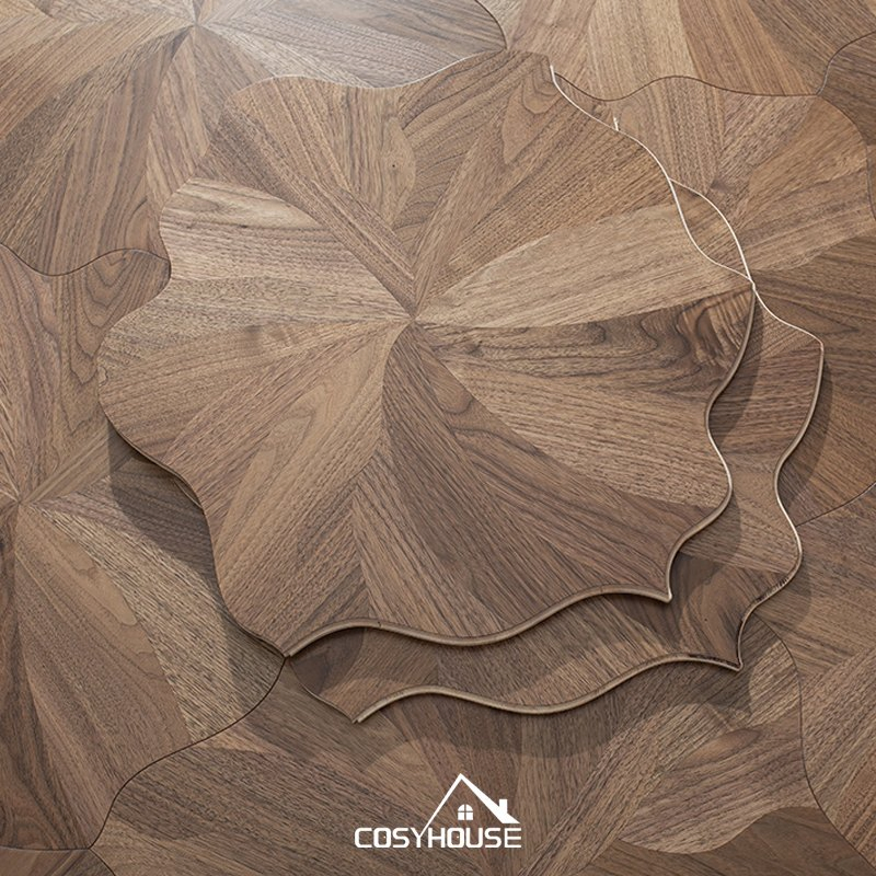 Elegant Oak Hardwood Flooring with Multi-Layer Structure and Intricate Lotus Flower Inlaid Design, Luxury Flooring for Modern Homes