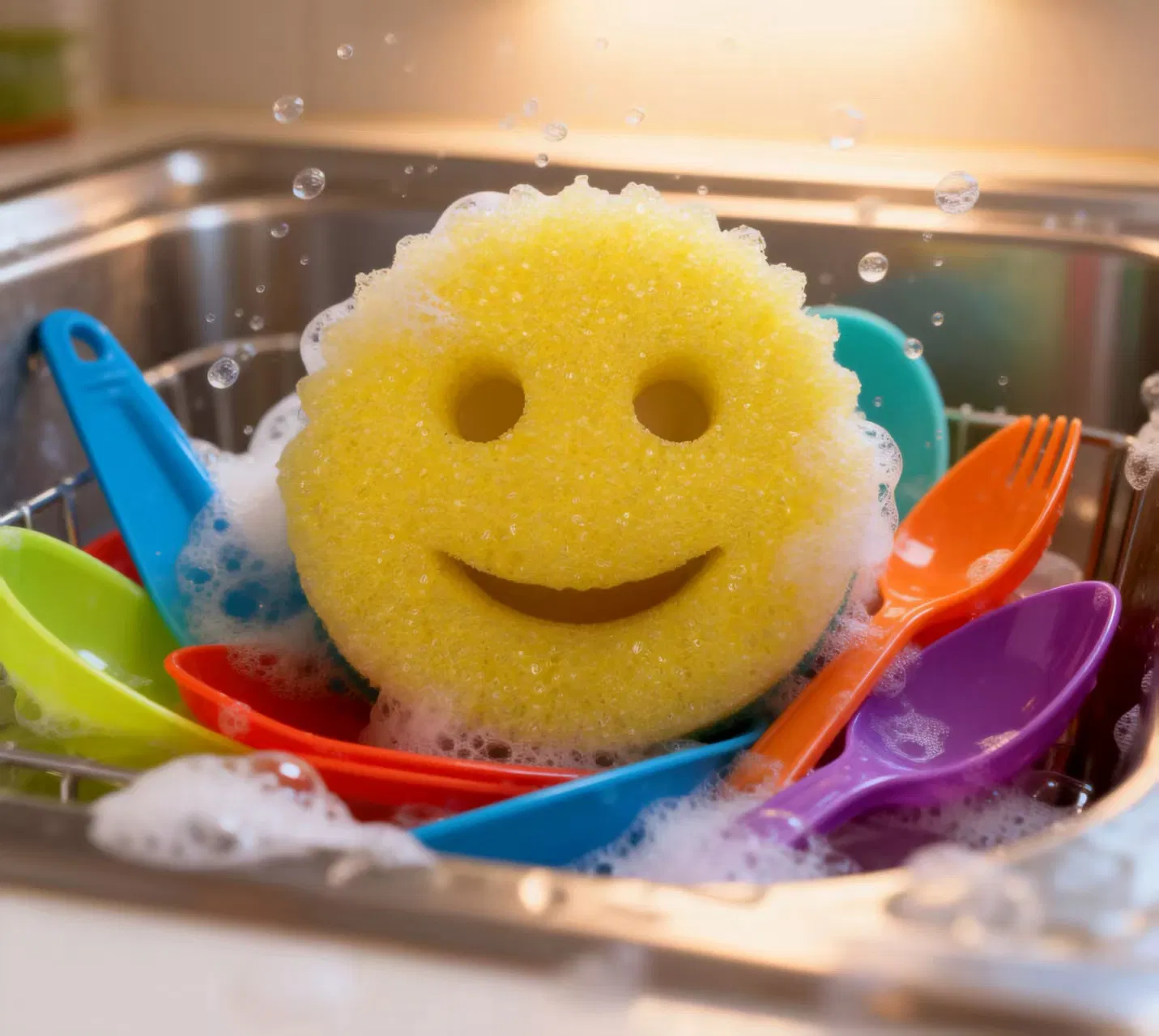 Vibrant Smiley Face Cleaning Sponge for Joyful Home Carescrub Daddy