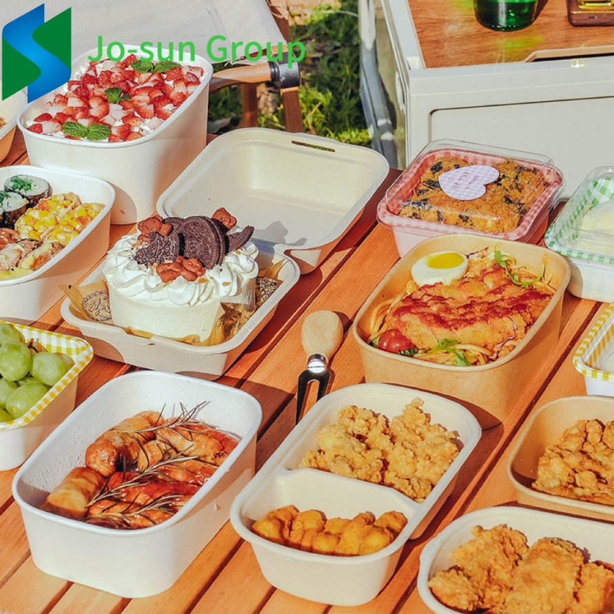 Jo-Sun Disposable Natural Printed Rectangle Take Away Kraft Paper Soup Salad Bowl with Lid