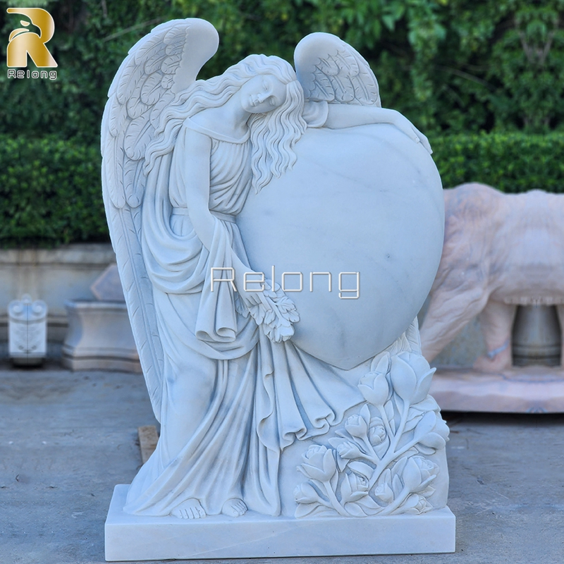 Hot Sale White Marble Stone Cemetery Weeping Angel Tombstone Memorial Angel Headstone