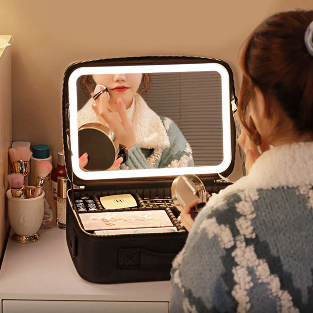 3 In1 PU Leather Portable Travel Makeup Bag Case Make up Bag with LED Light Mirror with Handle