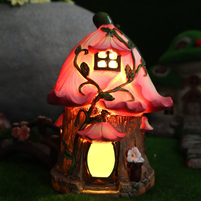 Garden Landscape Resin Mushroom Pink House with Solar Light Figurine