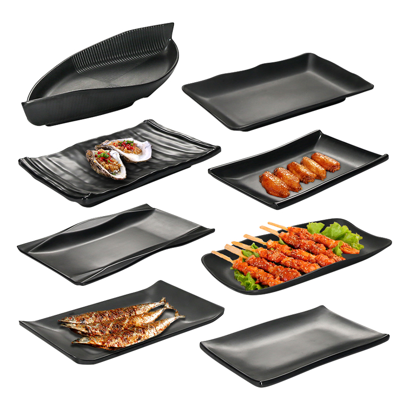 Custom Japanese Korean Unbreakable Tableware Solid Black Matte Melamine Bowls Serving Plate