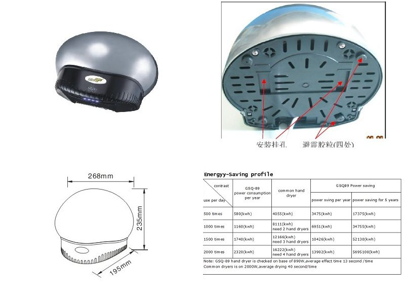 Hotel Automatic Professional Bathroom Energy Saving Hand Dryer 890W