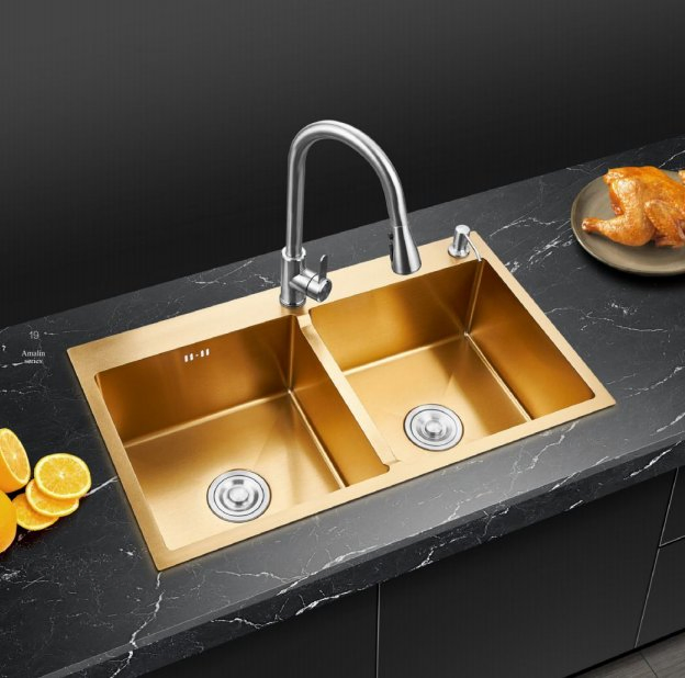 Gold Double Bowl 304 Handmade Stainless Steel Sink Bottom Black Kitchen Sink
