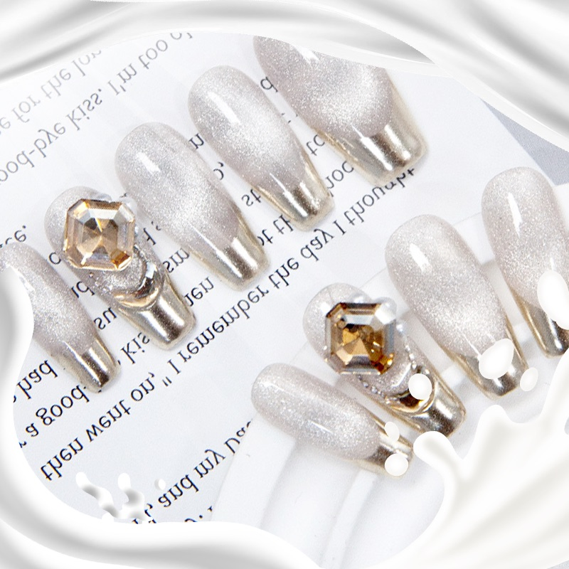 Luxury Silver Gold Glitter False Nails with Rhinestones - Elegant Press on Nails for Women - Reusable Artificial Nails