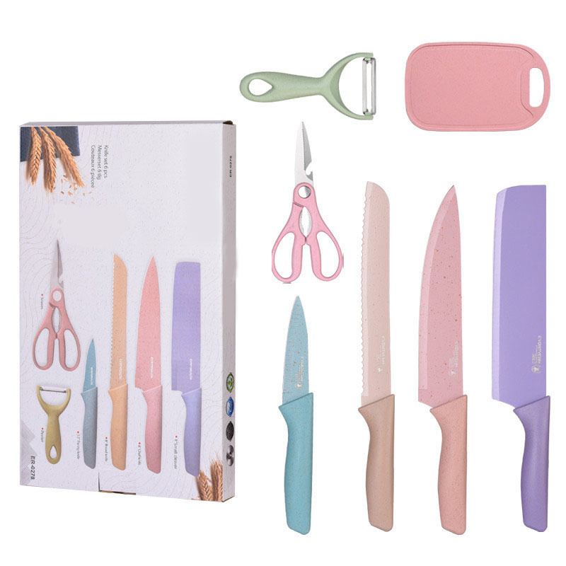 Wholesale Wheat Straw Set Colorful Six Piece Gift Stainless Steel Kitchen Knives