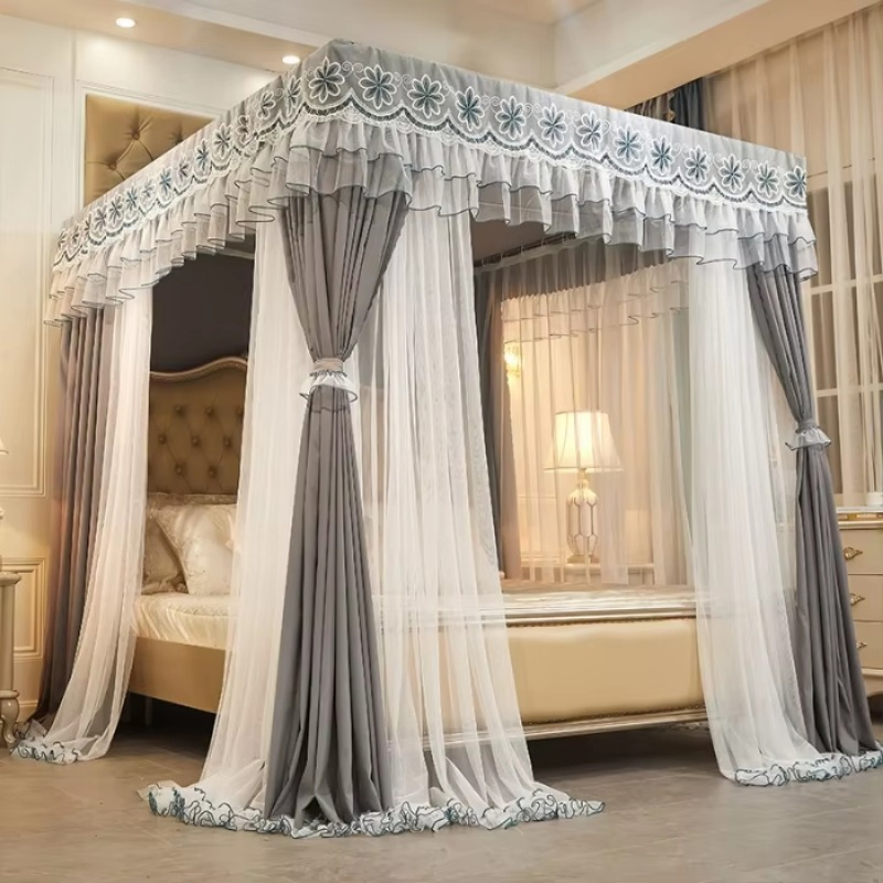 Wholesale Double-Layer Double-Rod Three-Opening Princess Curtain Embroidered Lace Mosquito Nets